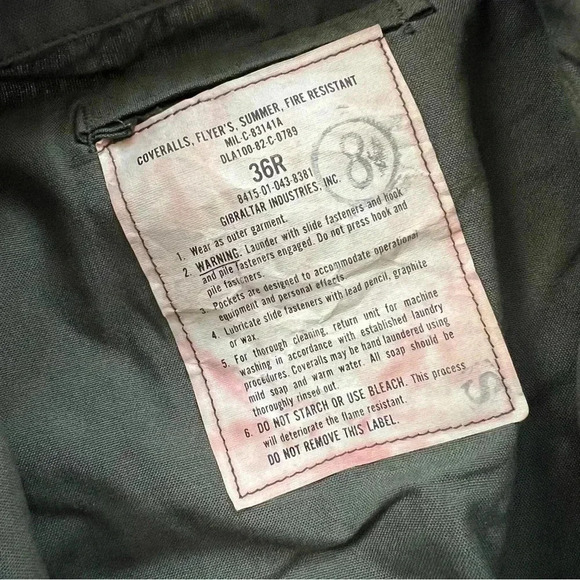 Military Coveralls Flyers Summer Fire Resistant Green 36R Gibraltar Industries - Picture 9 of 16